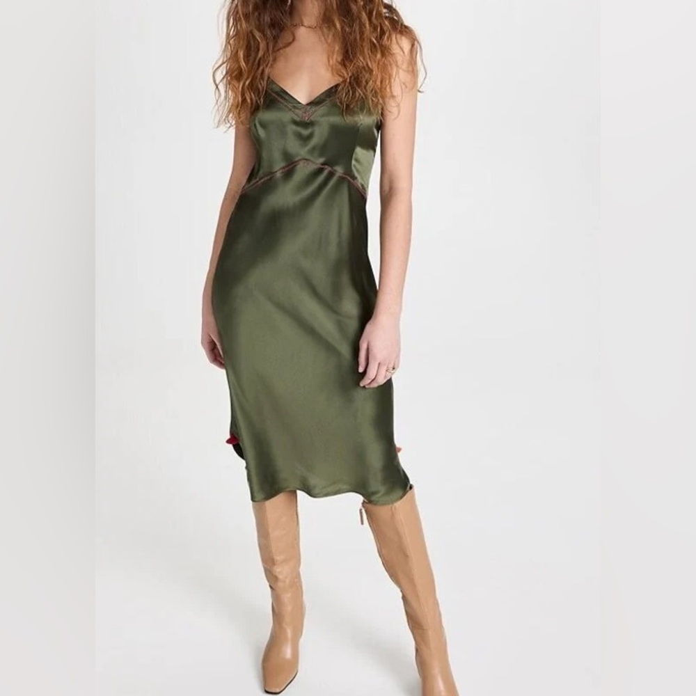 Chic Satin Silk Olive Midi Dress (high quality better than Quince)!!